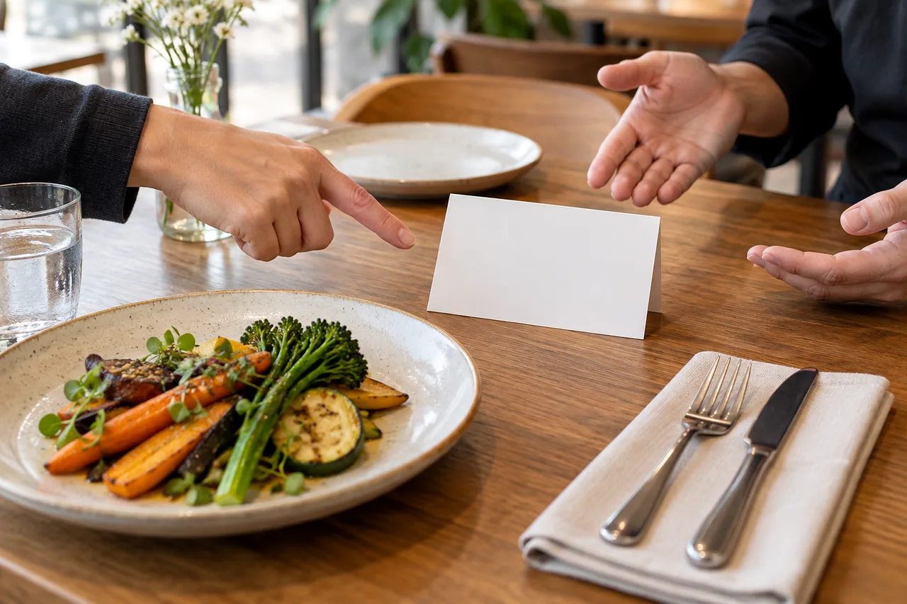 Conversación ilustrativa sobre ingredientes en una mesa de restaurante