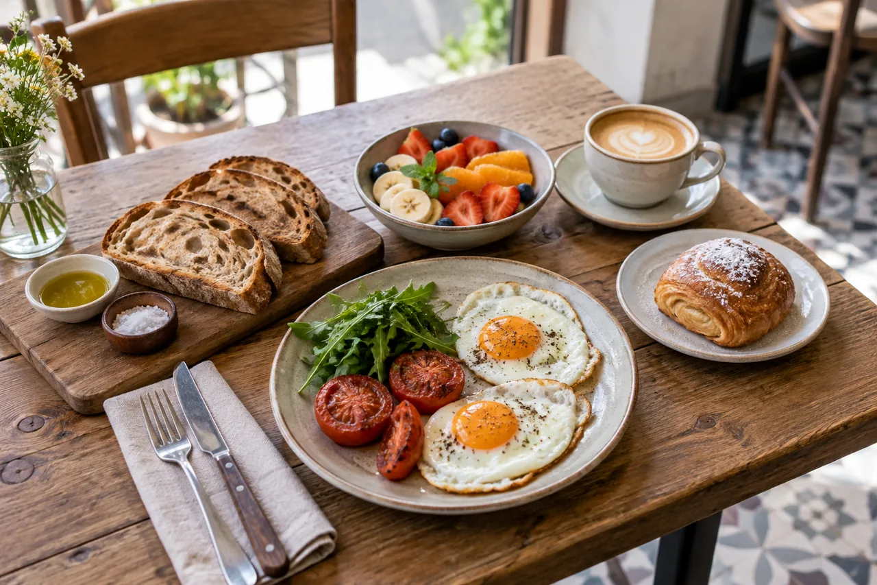 Ilustración editorial de una mesa de brunch; no representa el local real