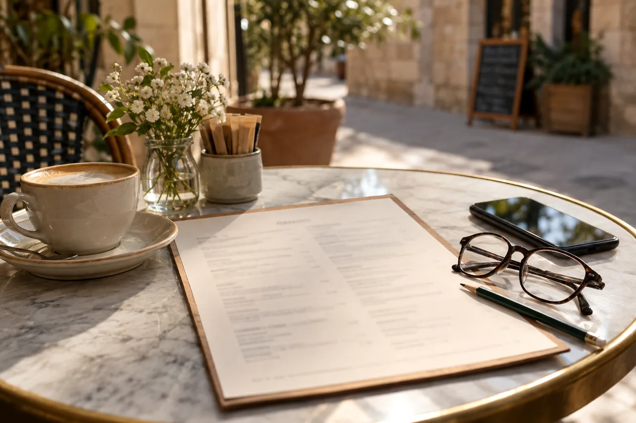Carta desenfocada, teléfono, gafas y lápiz sobre una mesa de café