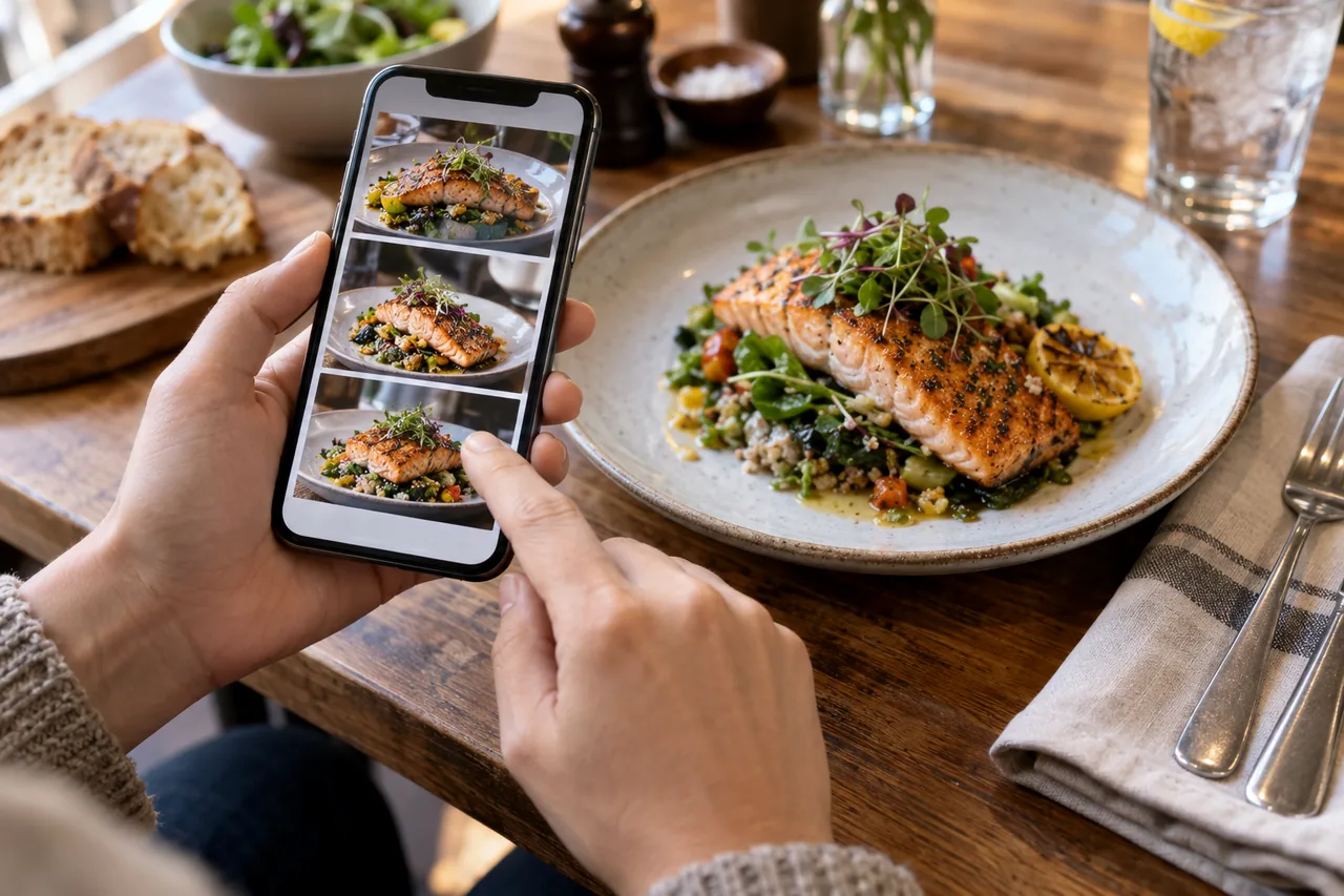 Persona comparando fotos de un plato en un teléfono con un plato sobre la mesa
